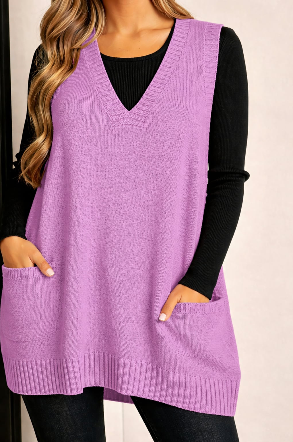 Close-up of the V-neckline detail on a pink casual vest showing soft fabric texture
