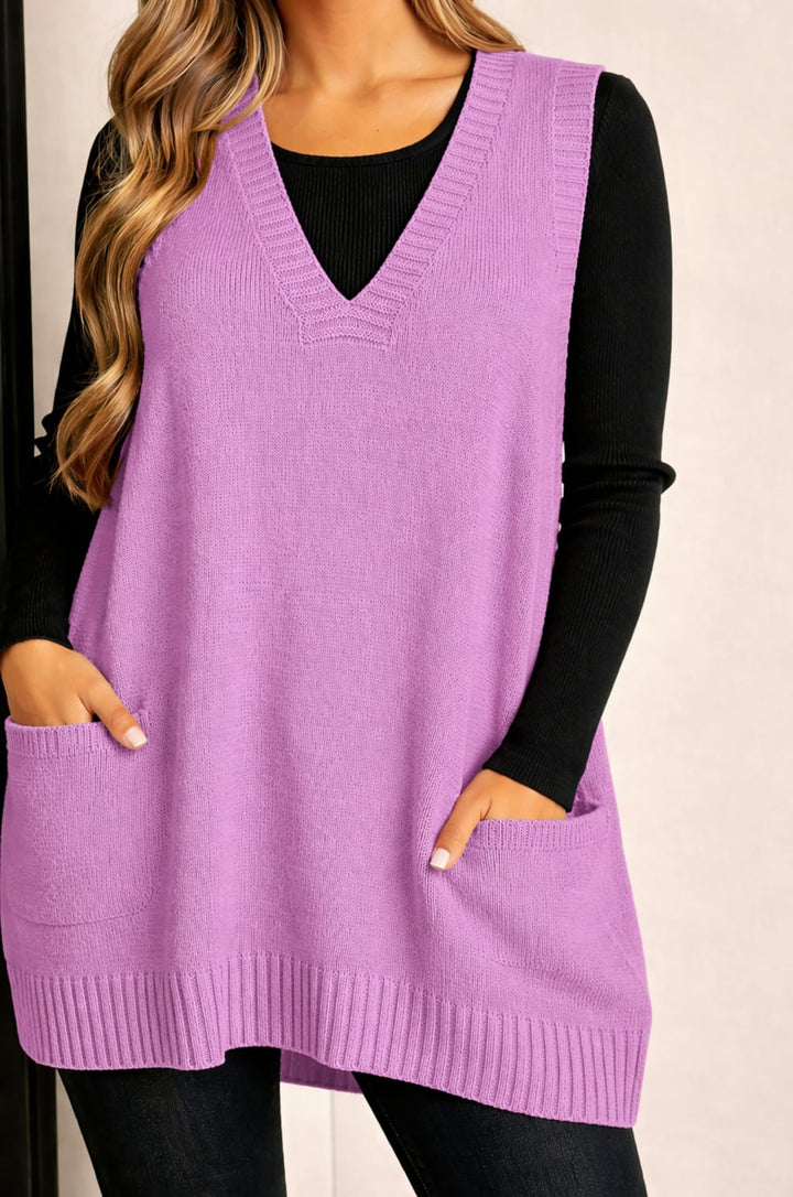 Close-up of the V-neckline detail on a pink casual vest showing soft fabric texture