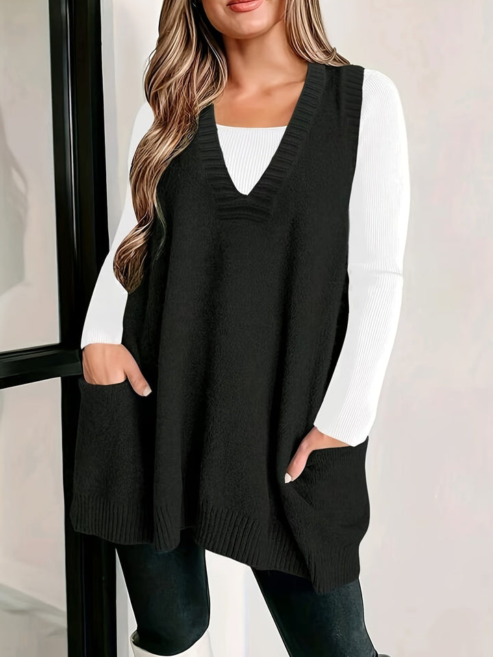 Model in black casual V-neck vest paired with jeans, three-quarter front view