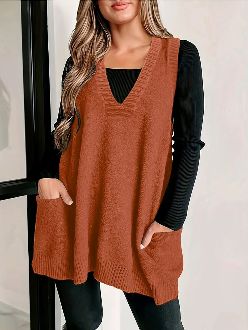 Orange casual V-neck vest styled over a white shirt, front view on model