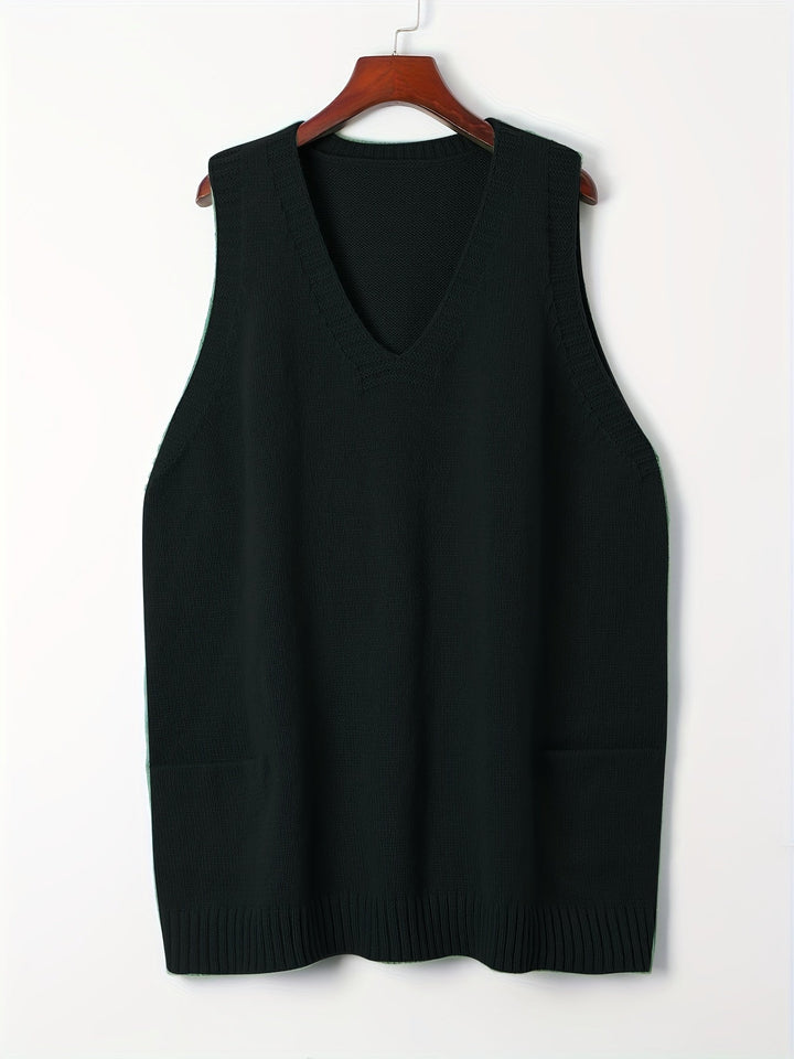 Model layering pink V-neck vest over a long-sleeve top, casual street-style look