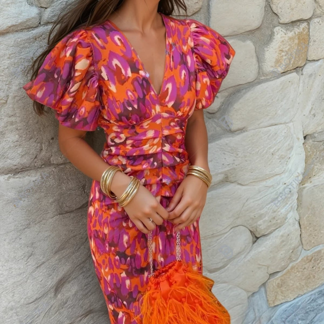 Woman wearing the Aria vibrant printed dress in orange with a flowing silhouette and flattering waist detail