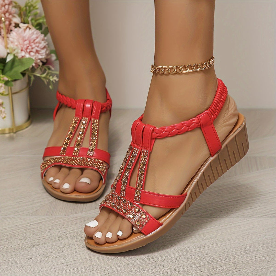 Aria shimmer wedge sandals in green, angled view on neutral background