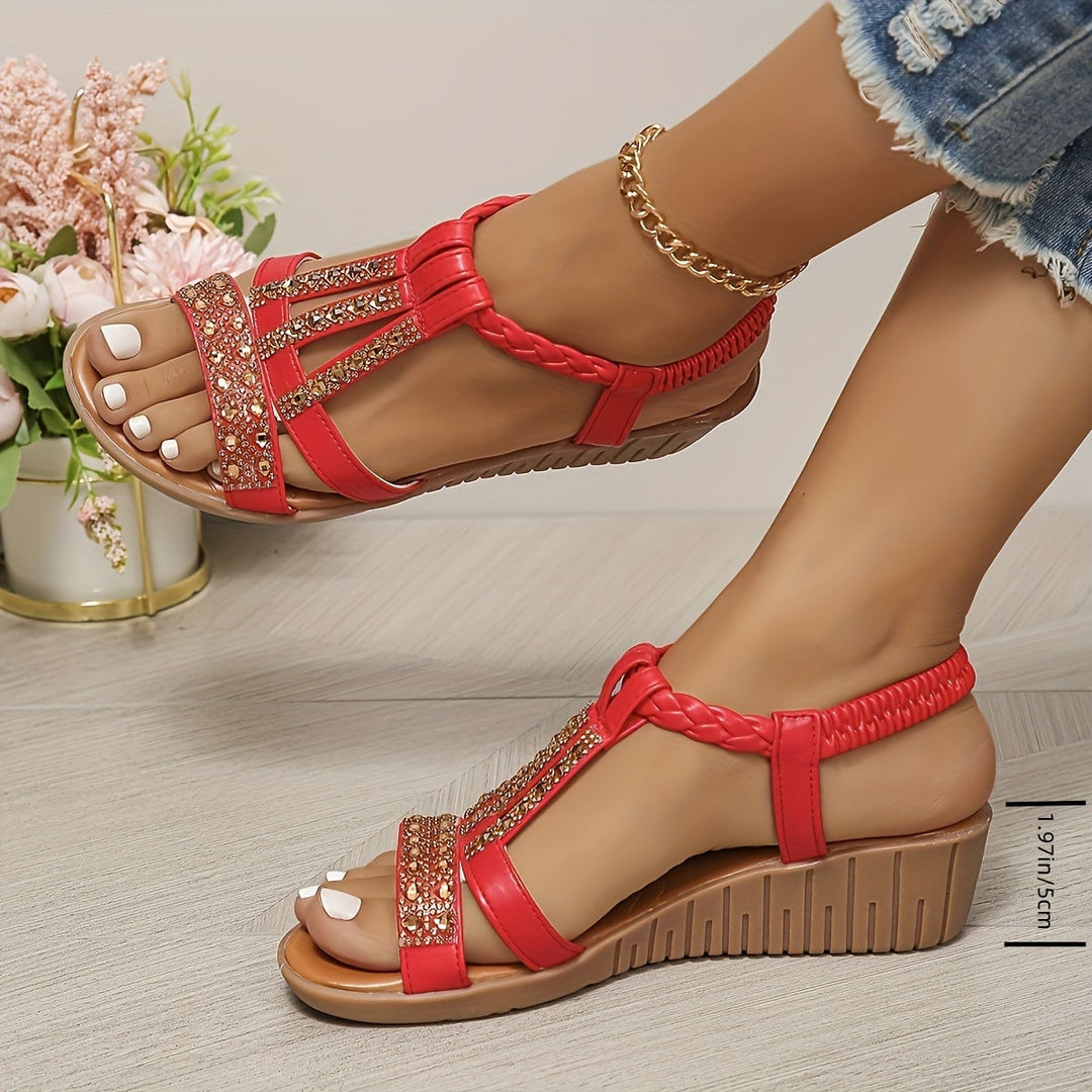 Aria shimmer wedge sandals in light blue, side view showing wedge heel