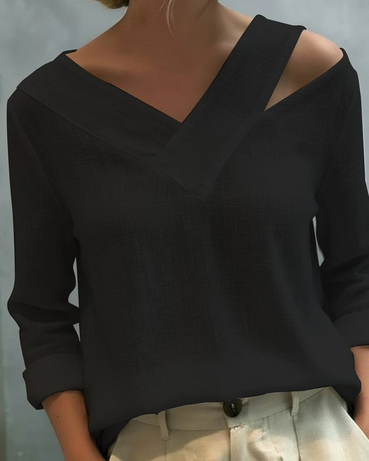 Aria top in white styled with tailored trousers, full-length front view