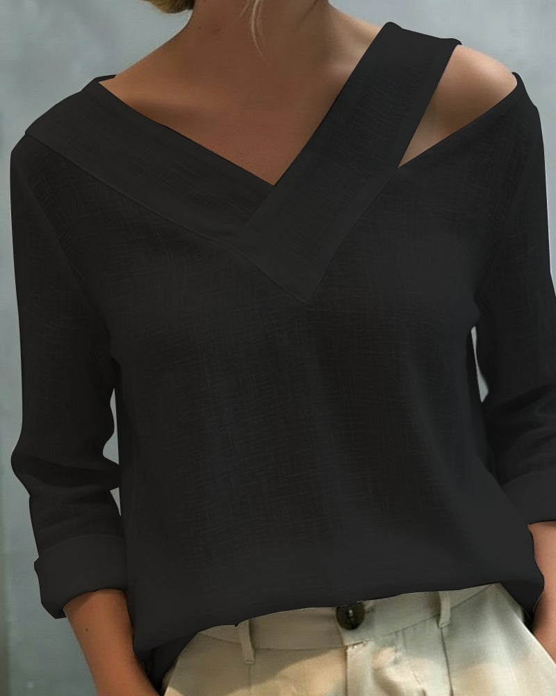 Aria top in white styled with tailored trousers, full-length front view