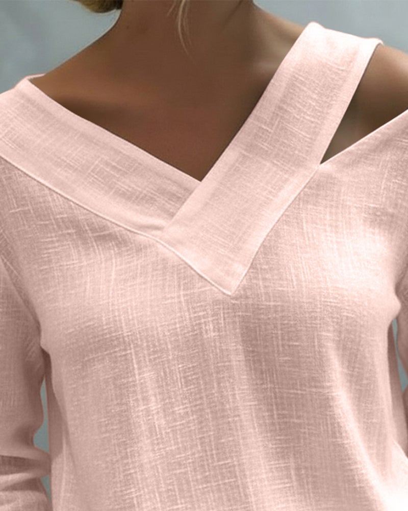 Aria asymmetric long sleeve top in pink, front view on model