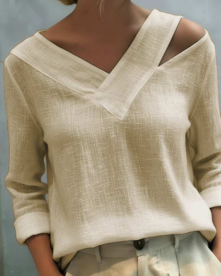 Aria long sleeve top in khaki with asymmetric neckline, front view