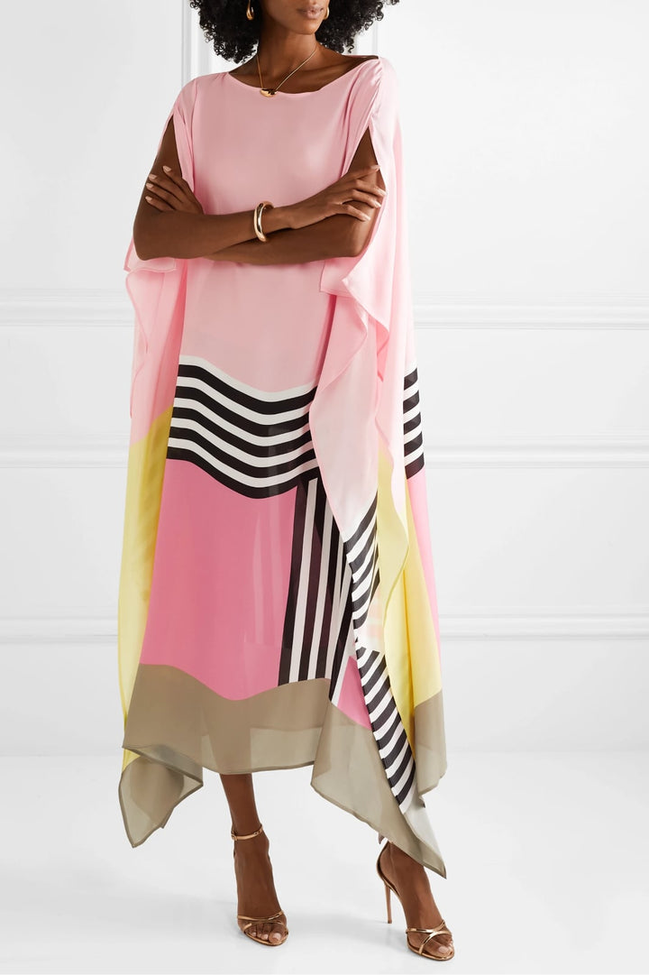 Aria geometric print caftan maxi dress in pink with batwing sleeves, front view