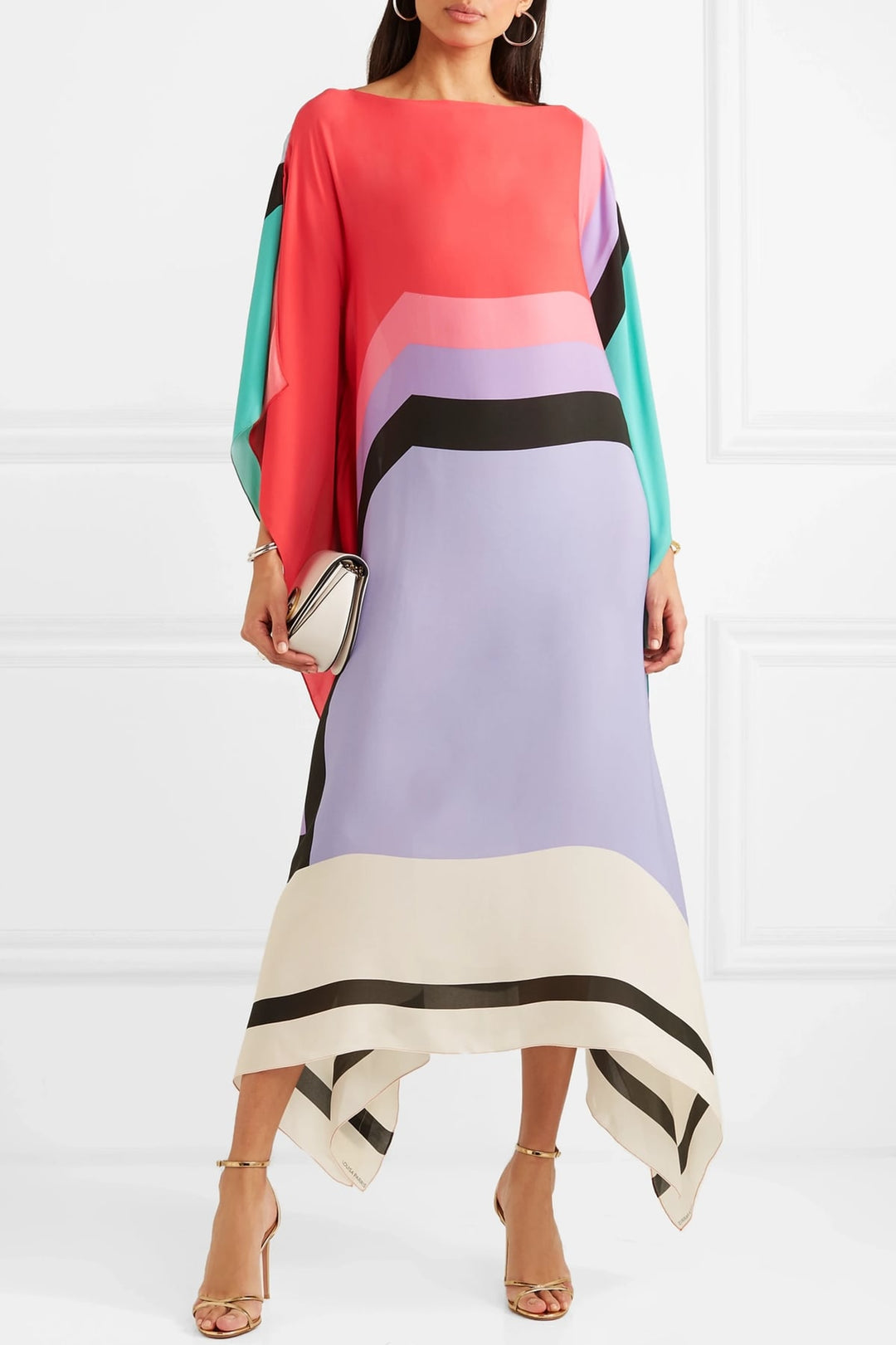 Aria geometric print caftan maxi dress in pink, side view showing flowing length