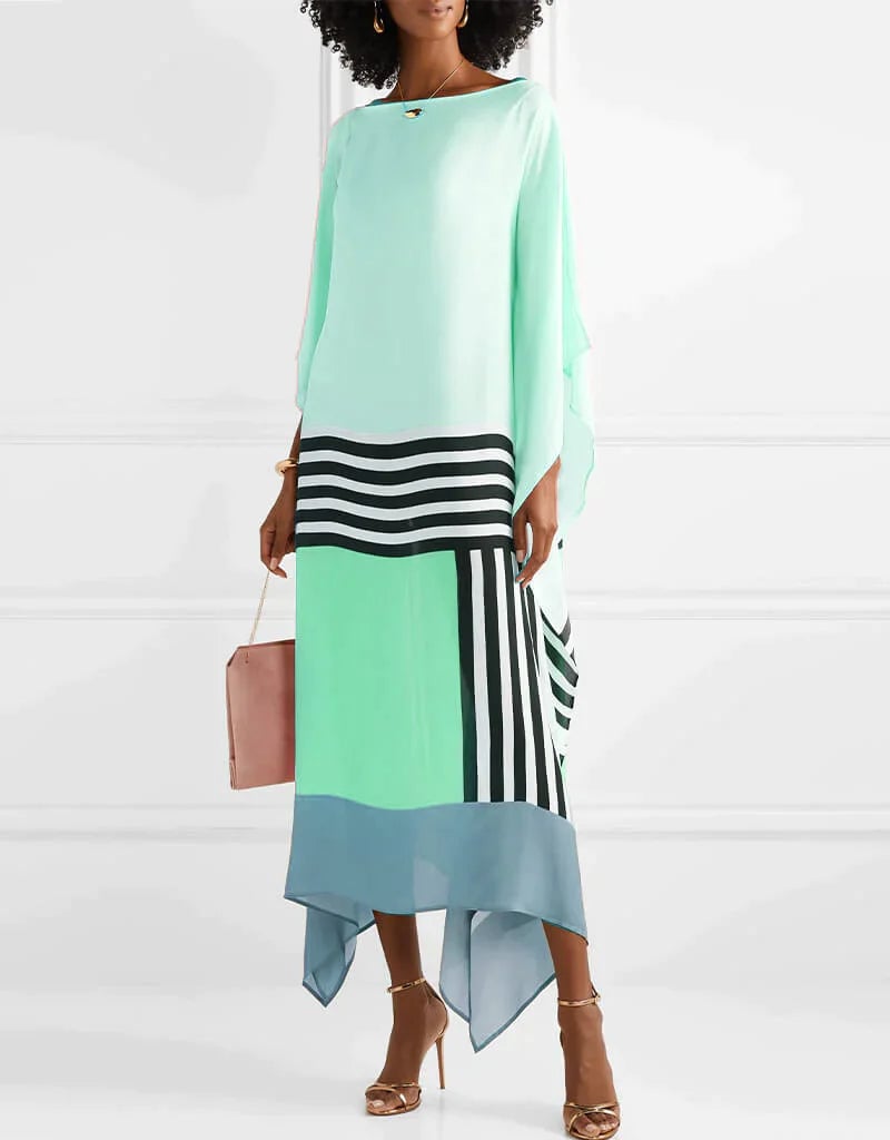Aria geometric caftan dress in beige, full-length front view