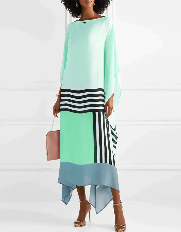 Aria geometric caftan dress in beige, full-length front view