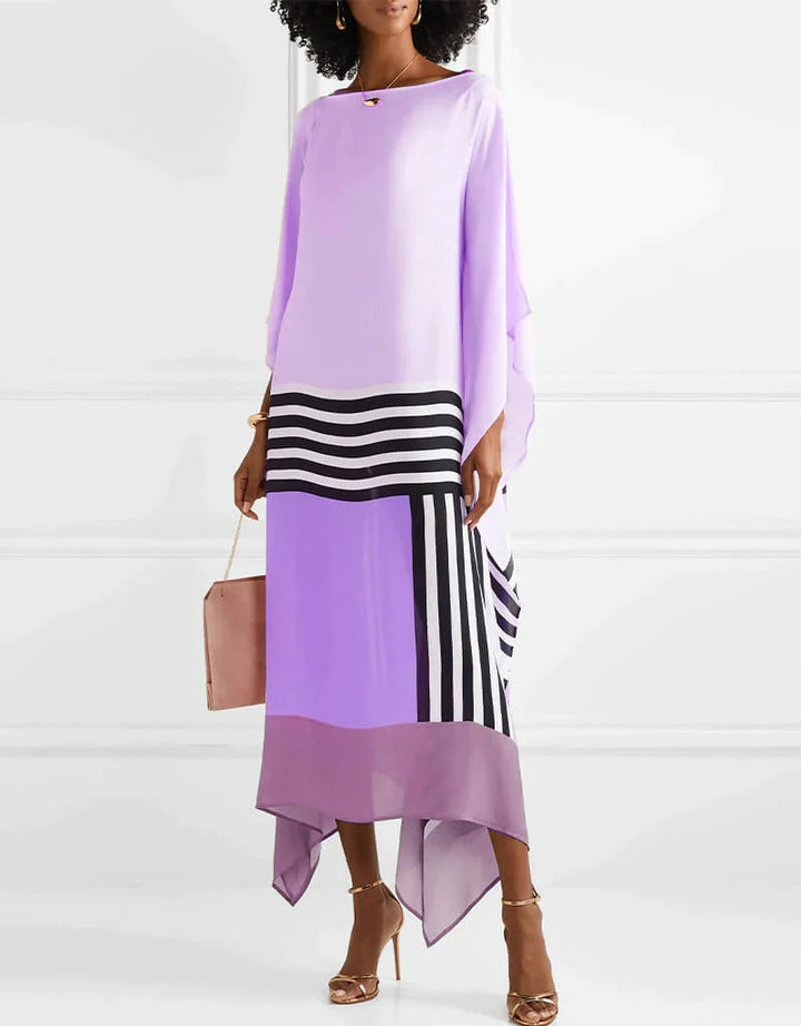 Aria caftan maxi dress in beige, back view showing draped batwing sleeves