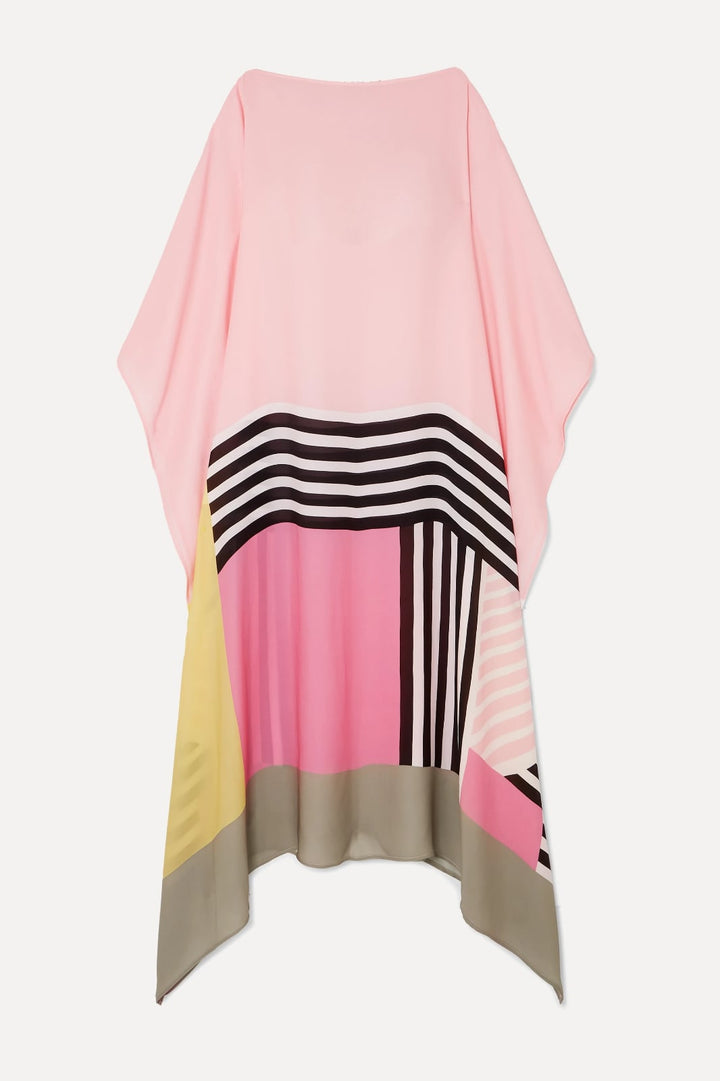 Aria caftan maxi dress in green with bold geometric print, front view