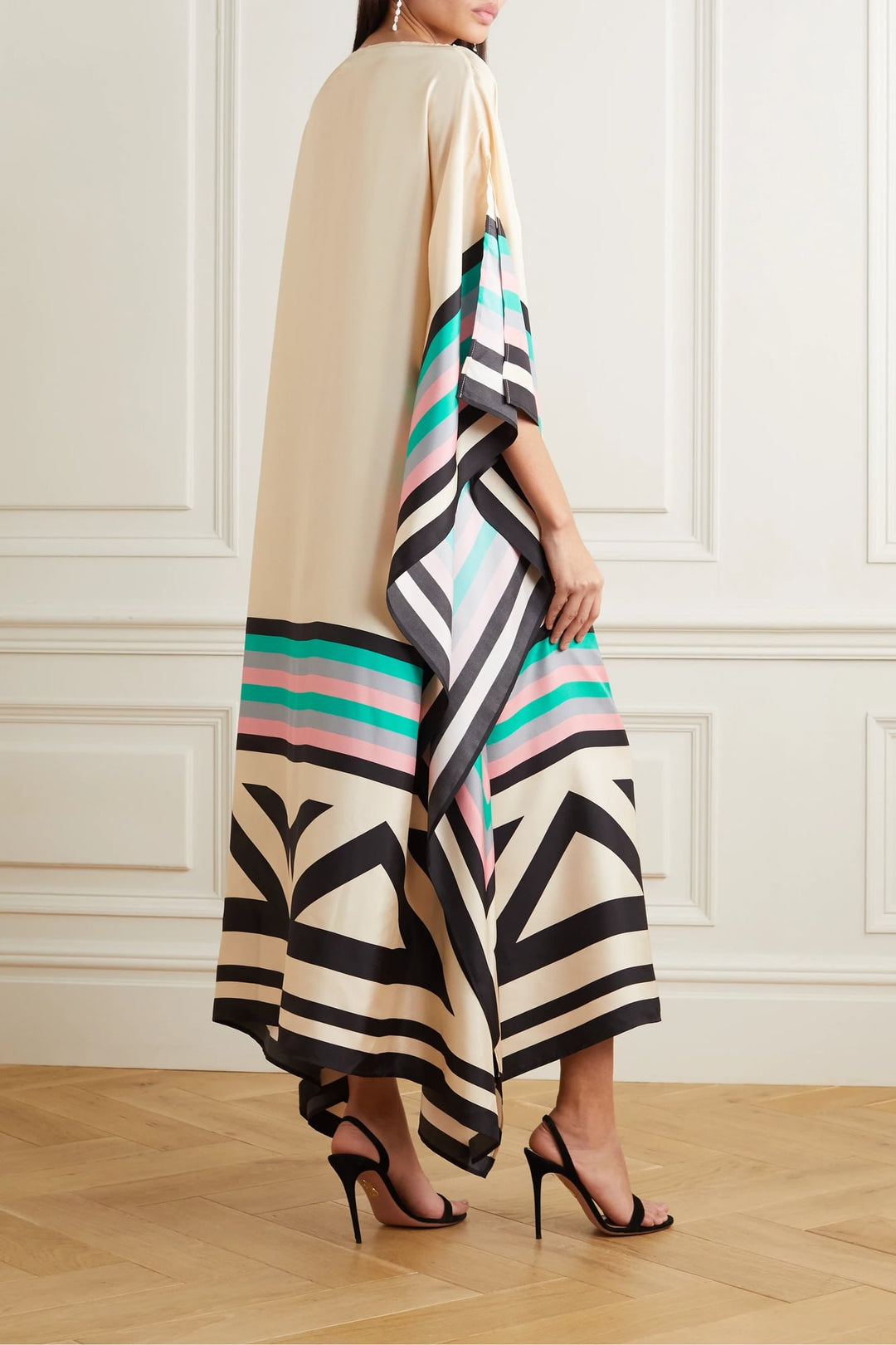 Aria caftan dress in purple, back view showing batwing sleeve drape