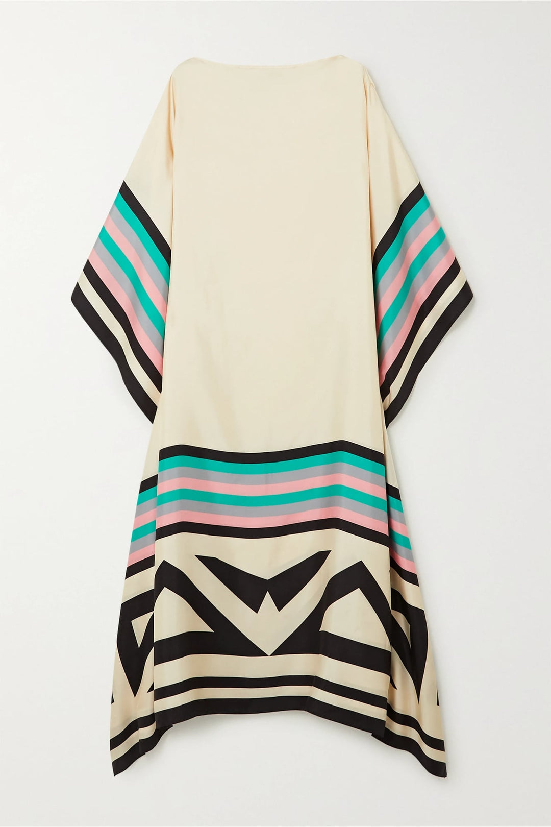 Flat lay of the Aria caftan maxi dress showing full geometric print pattern