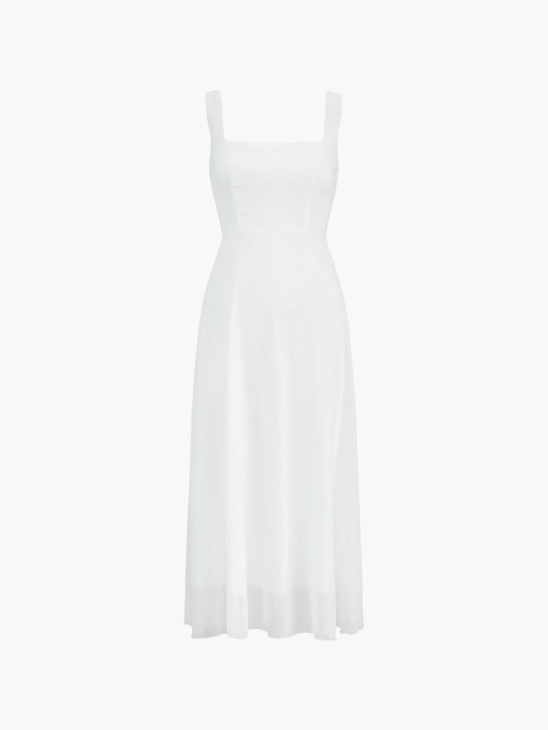 Side view of the Aria white A-line midi dress showing graceful skirt movement and below-the-knee length