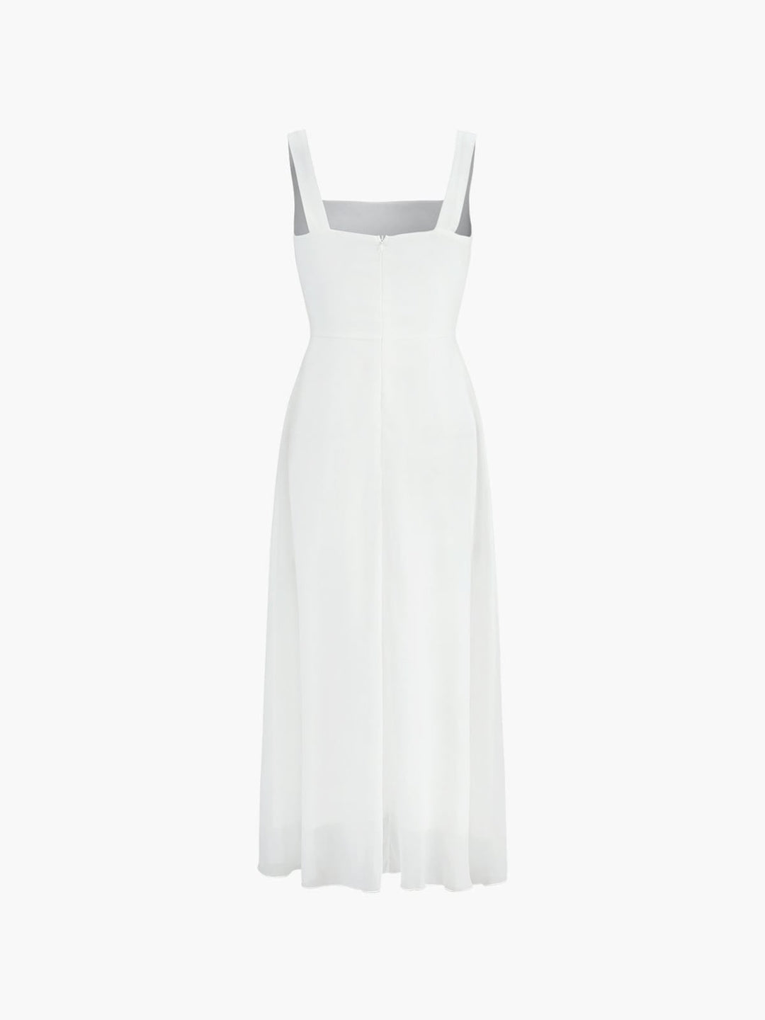 Woman wearing the Aria black square neck A-line midi dress, full-length front view
