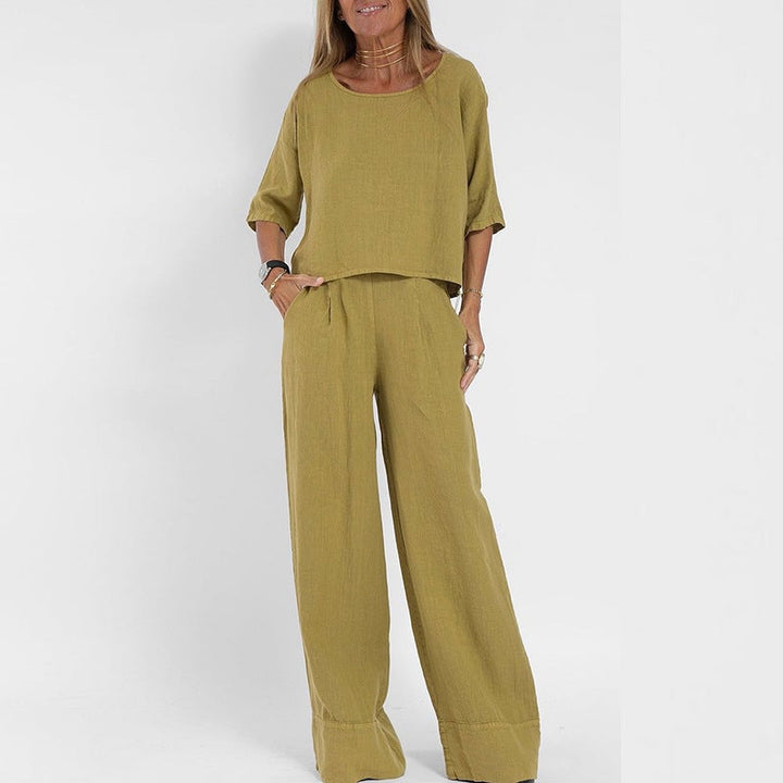 Close-up of the Arianah set's relaxed silhouette and clean modern fabric detail