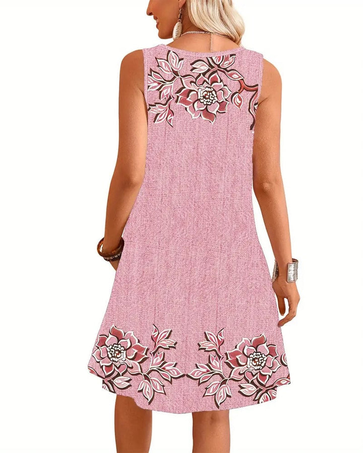 Model smiling in the Arianna sleeveless dress showing ease of movement