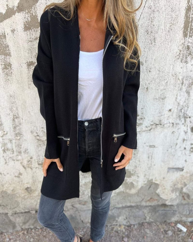 Front view of the Arlene long sleeve cardigan with zipper detail, styled casually