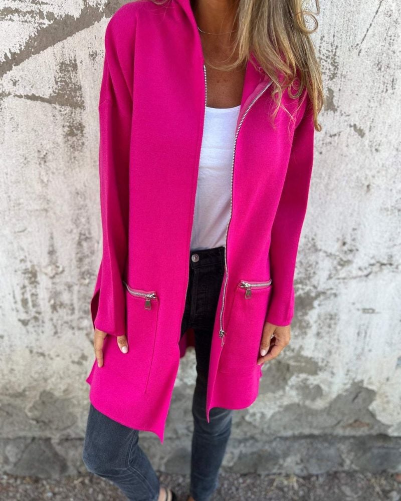 Woman wearing the Arlene cardigan in a rich solid color, full-length view
