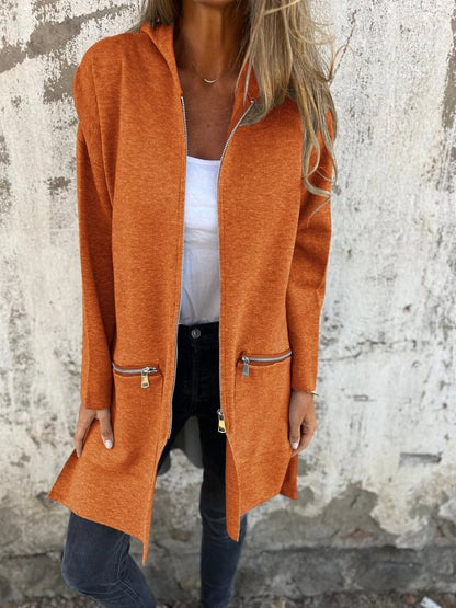 Flat lay of the long sleeve zip-front cardigan showing overall shape and length
