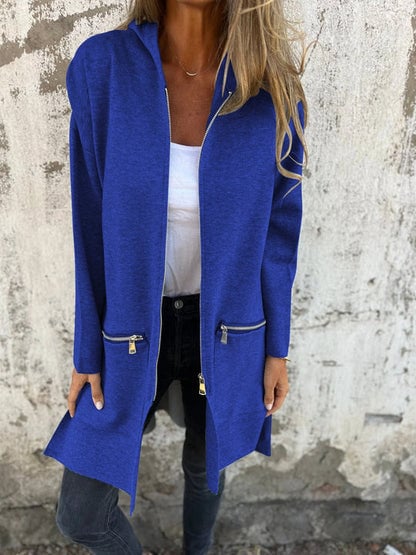 Back view of the long sleeve zip cardigan showing clean finish and length