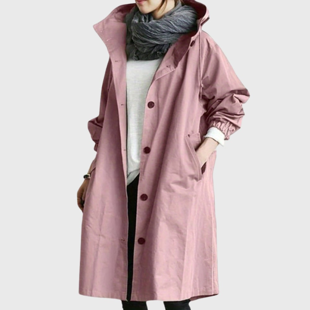 Arline trench coat in brown with pocket and sleeve detail close-up