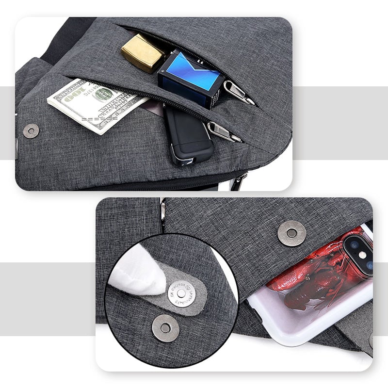Black crossbody bag with ergonomic fit shown on a model in a city street setting
