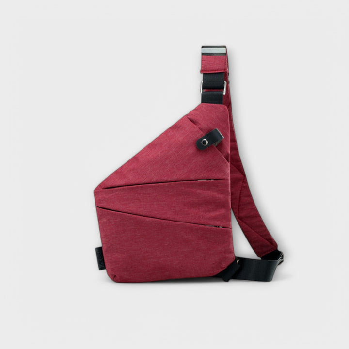 Left-handed crossbody bag configuration shown on model from the side