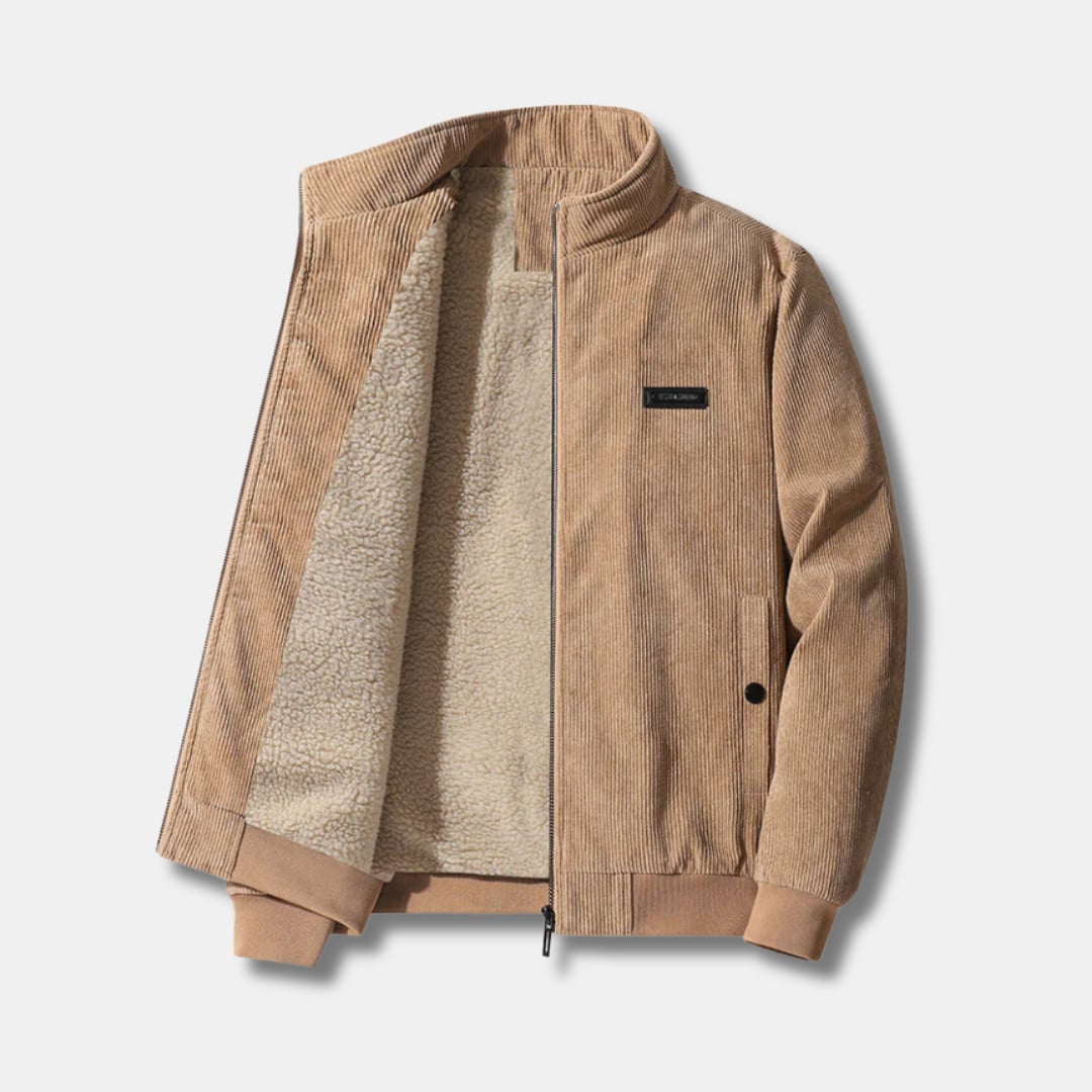 Side profile of the corduroy jacket highlighting the structured exterior and zip front closure