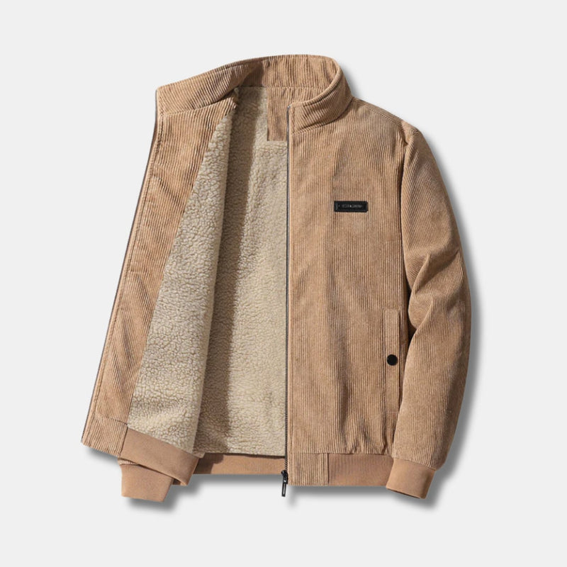 Side profile of the corduroy jacket highlighting the structured exterior and zip front closure