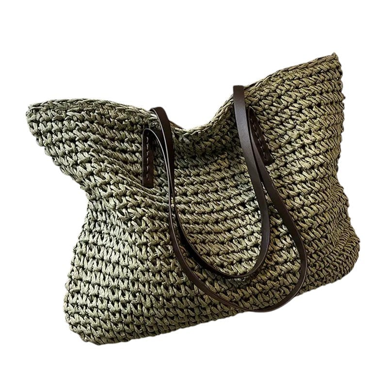 Spacious natural beach tote bag in green with comfortable shoulder straps, shown from the front