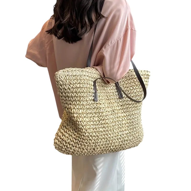 Beach tote bag in khaki colorway laid flat showing roomy interior