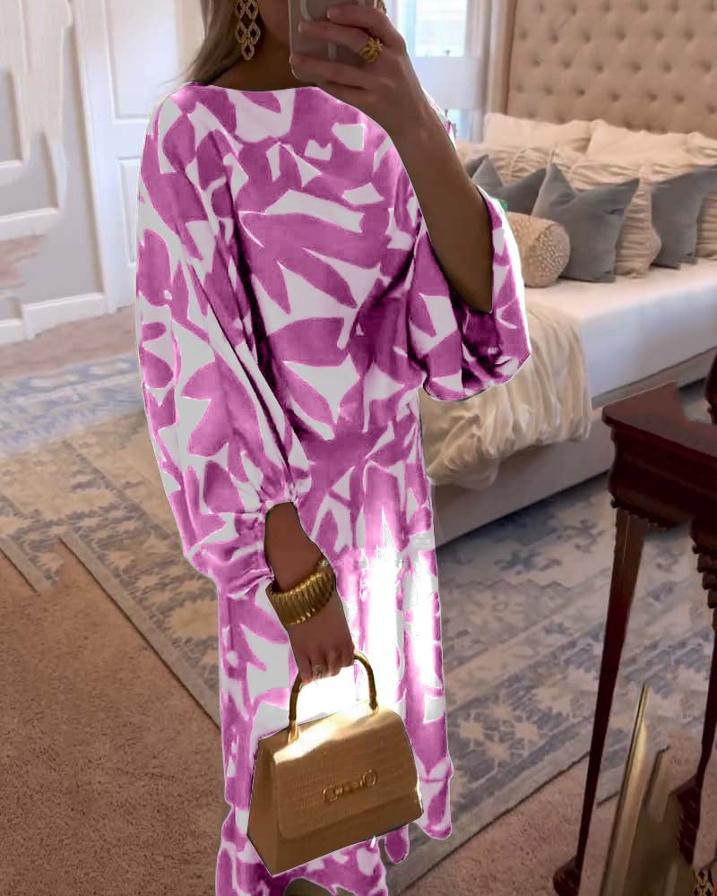 Green printed lantern sleeve set styled with sandals on model