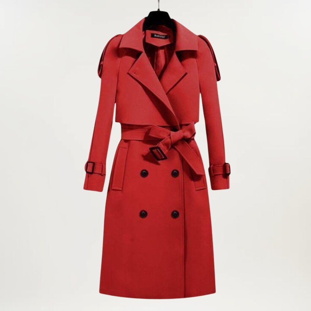 Full-length view of the Ashly longline trench coat in beige, worn over a casual outfit