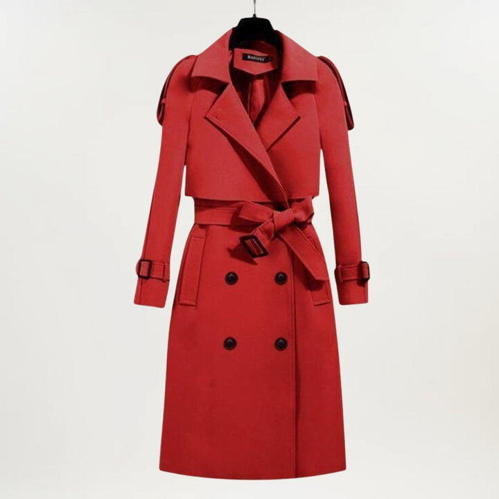 Full-length view of the Ashly longline trench coat in beige, worn over a casual outfit