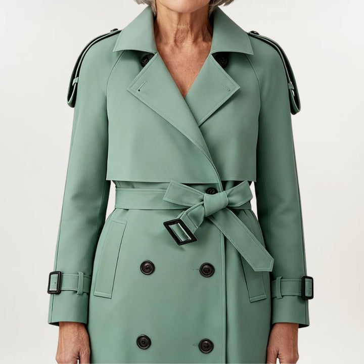 Flat lay or styled shot of the Ashly longline trench coat highlighting fabric quality and classic trench details