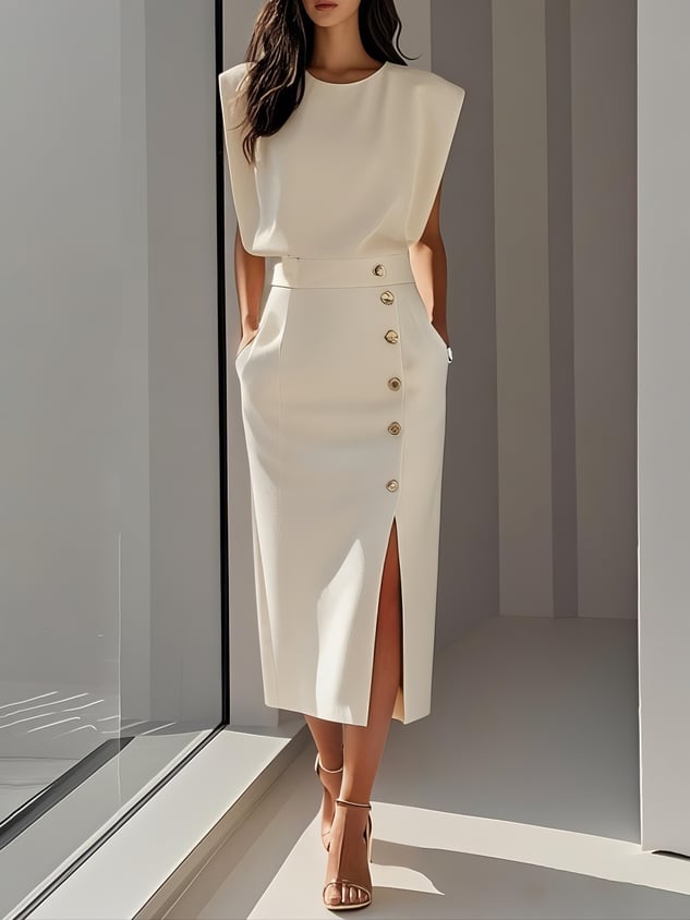 Model wearing the Effortless Charm Midi Dress in beige with a round neckline and button slit hem detail