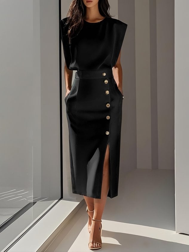 Front view of the Effortless Charm Midi Dress showing flattering midi length and feminine silhouette