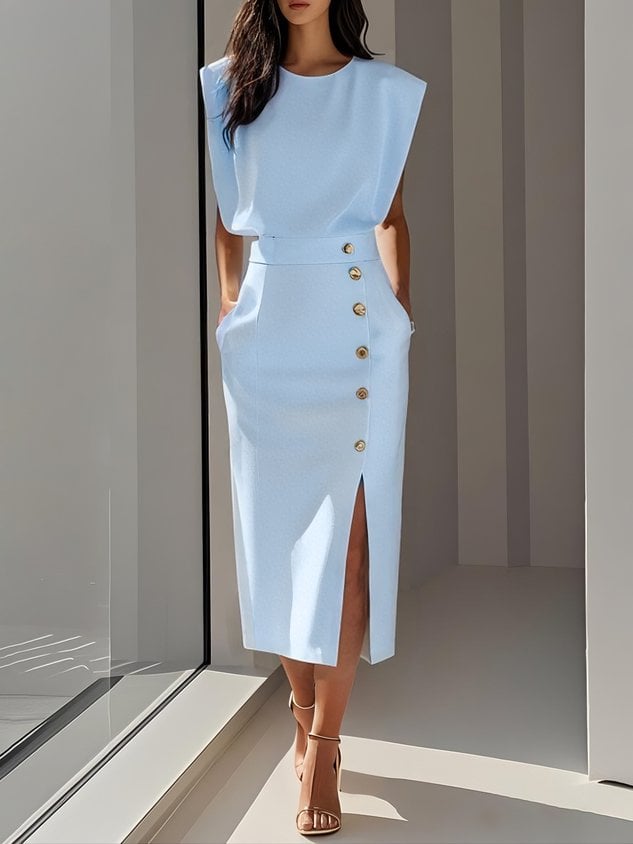 Close-up of the button slit detail on the Effortless Charm Midi Dress