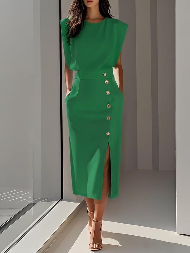 Model styling the Effortless Charm Midi Dress in black for an elegant evening look