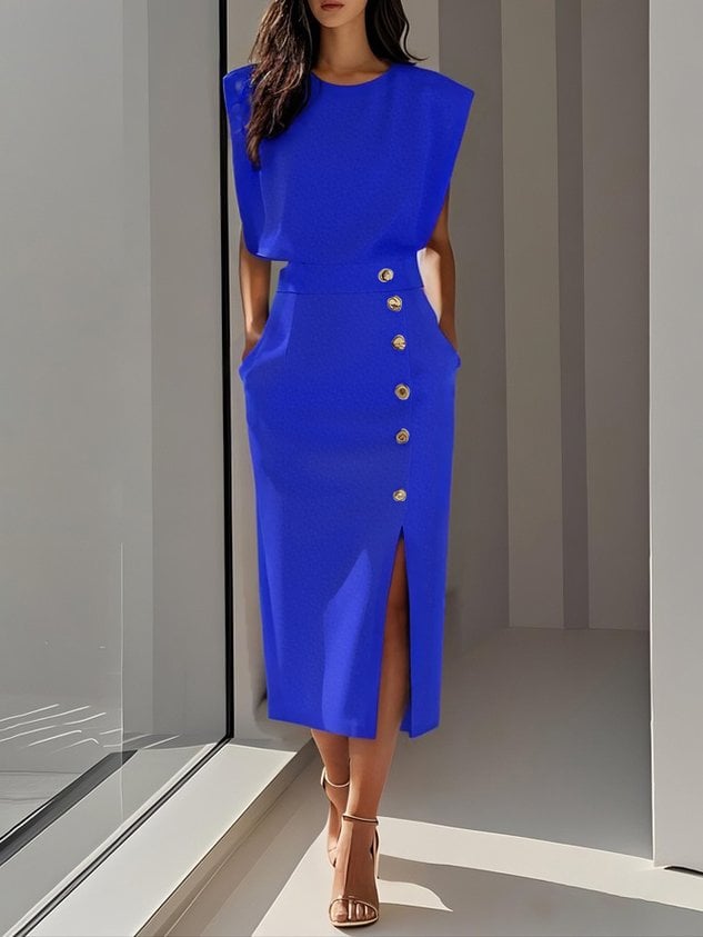 Side profile of the Effortless Charm Midi Dress showcasing the elongating midi length
