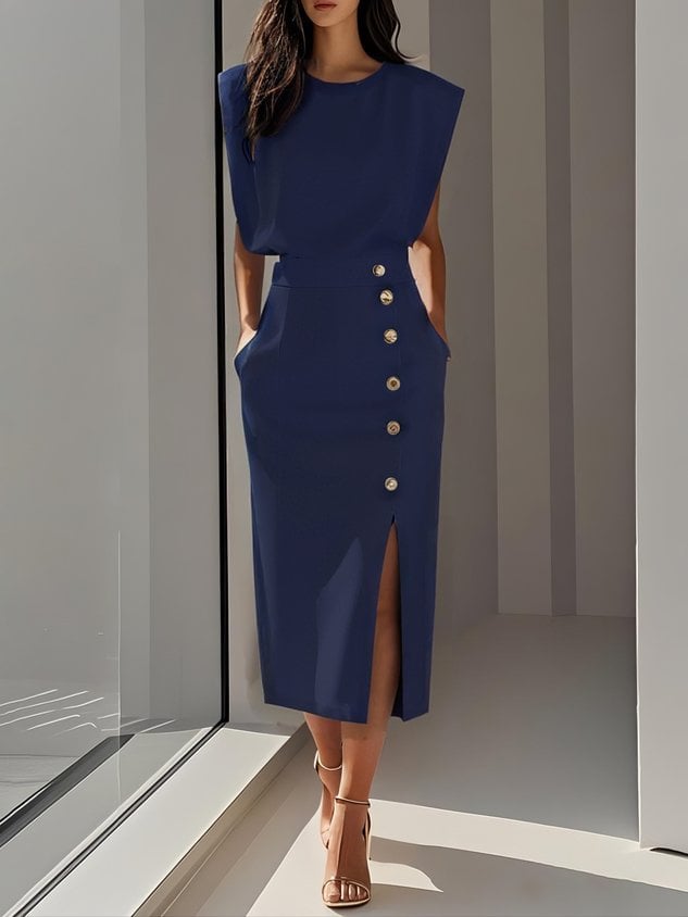 Effortless Charm Midi Dress in pink displayed on model from front angle