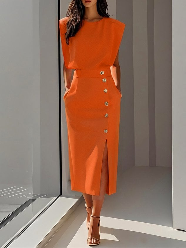 Detail shot of the naturally irregular button closures on the Effortless Charm Midi Dress