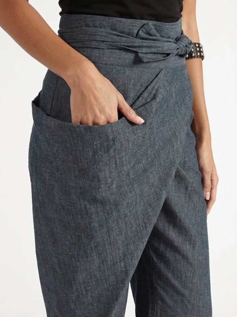 Back view of gray high waist wrap front cropped pants