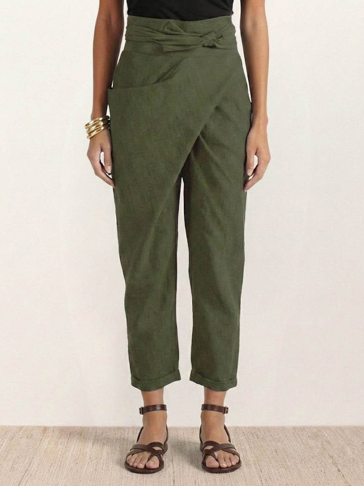 Full-length view of army green high waist wrap front cropped pants