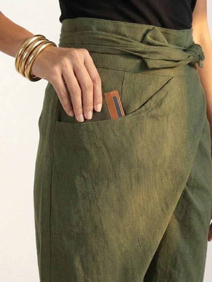 Back view of army green high waist cropped tapered pants