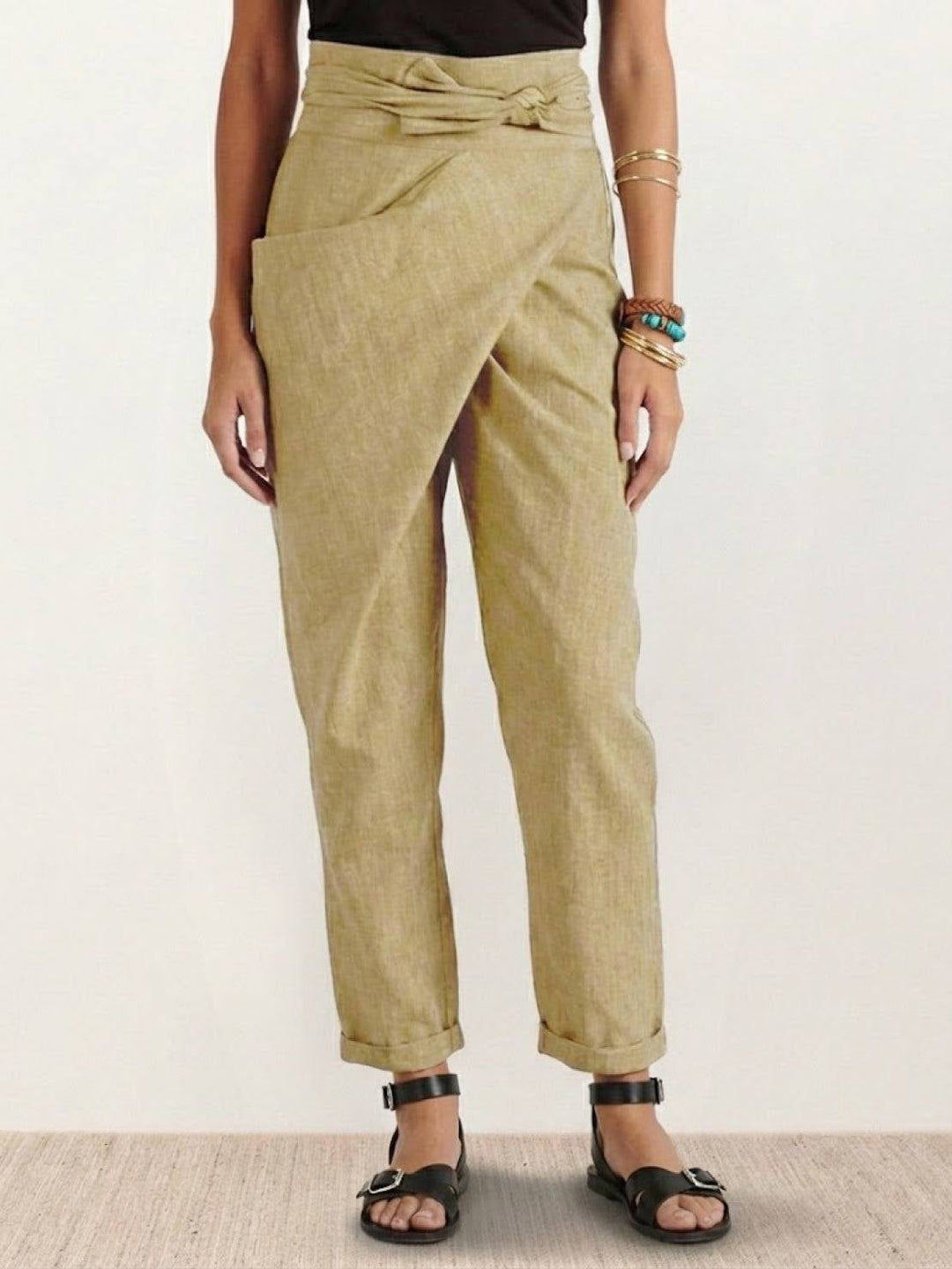 Front view of khaki high waist wrap front cropped tapered pants